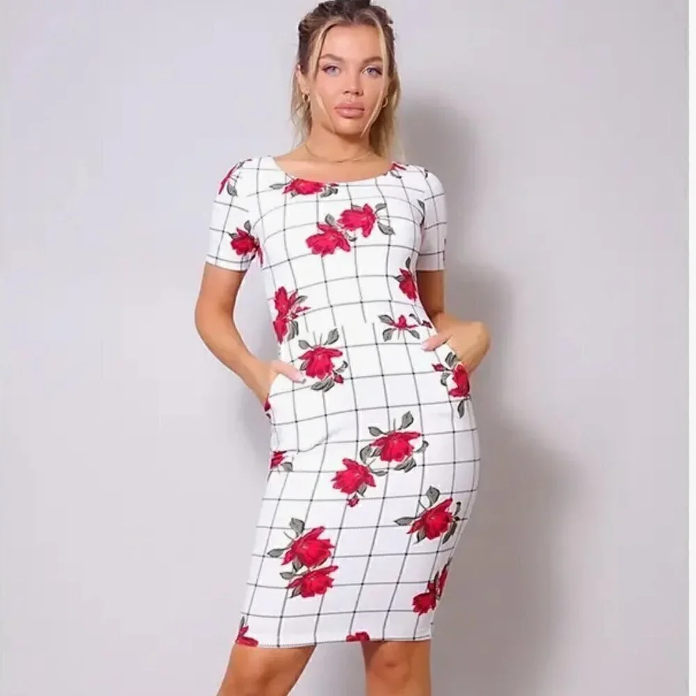 Women’s White and Red Short Sleeve Body Con Floral Midi Dress